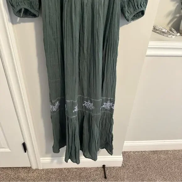 Free People Green Blue Cotton Gauze Floral Embroidered Maxi Dress Small - Picture 11 of 13